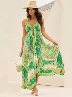 Robe longue bohème à imprimé cachemire pour femme - Robe longue fluide et ample à col halter imprimé ethnique - Idéale pour les vacances d'été tropicales 2026