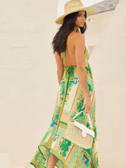 Robe longue bohème à imprimé cachemire pour femme - Robe longue fluide et ample à col halter imprimé ethnique - Idéale pour les vacances d'été tropicales 2026