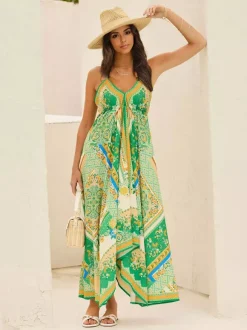Robe longue bohème à imprimé cachemire pour femme - Robe longue fluide et ample à col halter imprimé ethnique - Idéale pour les vacances d'été tropicales 2026