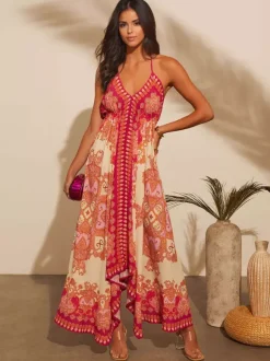 Robe longue bohème à imprimé cachemire pour femme - Robe longue fluide et ample à col halter imprimé ethnique - Idéale pour les vacances d'été tropicales 2026