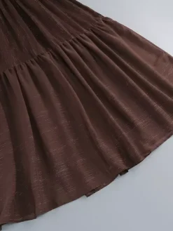 Robe longue bohème à épaules dénudées pour femme - Robe longue marron à volants en mousseline de soie taille smockée et manches longues étagées - Idéale pour une soirée romantique à la plage (2026)