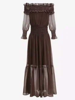 Robe longue bohème à épaules dénudées pour femme - Robe longue marron à volants en mousseline de soie taille smockée et manches longues étagées - Idéale pour une soirée romantique à la plage (2026)