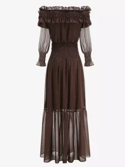 Robe longue bohème à épaules dénudées pour femme - Robe longue marron à volants en mousseline de soie taille smockée et manches longues étagées - Idéale pour une soirée romantique à la plage (2026)