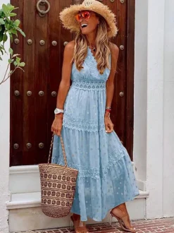 Robe longue bohème à pois pour femme - Robe d'été à col en V et bordure en dentelle - Idéale pour les vacances d'été à la plage 2026