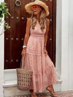 Robe longue bohème à pois pour femme - Robe d'été à col en V et bordure en dentelle - Idéale pour les vacances d'été à la plage 2026