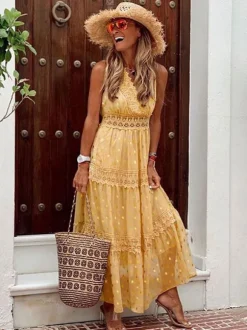 Robe longue bohème à pois pour femme - Robe d'été à col en V et bordure en dentelle - Idéale pour les vacances d'été à la plage 2026