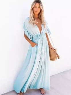 Robe longue bohème pour femme - Décolleté plongeant en V manches à volants taille cintrée et poches - Idéale pour les vacances d'été à la plage 2026