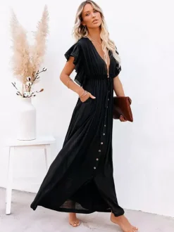 Robe longue bohème pour femme - Décolleté plongeant en V manches à volants taille cintrée et poches - Idéale pour les vacances d'été à la plage 2026