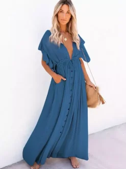 Robe longue bohème pour femme - Décolleté plongeant en V manches à volants taille cintrée et poches - Idéale pour les vacances d'été à la plage 2026