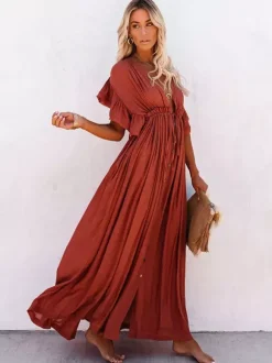 Robe longue bohème pour femme - Décolleté plongeant en V manches à volants taille cintrée et poches - Idéale pour les vacances d'été à la plage 2026