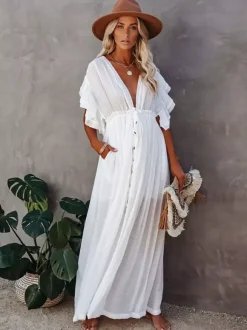 Robe longue bohème pour femme - Décolleté plongeant en V manches à volants taille cintrée et poches - Idéale pour les vacances d'été à la plage 2026