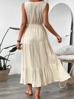 Robe longue bohème à volants pour femme - Couleur abricot texturée col en V sans manches taille nouée coupe trapèze - Collection été 2026
