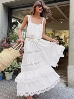 Robe longue bohème à volants pour femme - Robe d'été chic en dentelle blanche à encolure carrée - Vacances d'été à la plage 2026