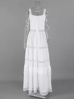 Robe longue bohème à volants pour femme - Robe d'été chic en dentelle blanche à encolure carrée - Vacances d'été à la plage 2026