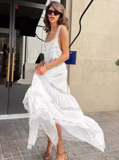 Robe longue bohème à volants pour femme - Robe d'été chic en dentelle blanche à encolure carrée - Vacances d'été à la plage 2026