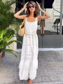 Robe longue bohème à volants pour femme - Robe d'été chic en dentelle blanche à encolure carrée - Vacances d'été à la plage 2026