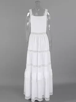 Robe longue bohème à volants pour femme - Robe d'été chic en dentelle blanche à encolure carrée - Vacances d'été à la plage 2026
