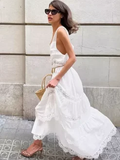 Robe longue bohème à volants pour femme - Robe d'été chic en dentelle blanche à encolure carrée - Vacances d'été à la plage 2026