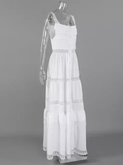 Robe longue bohème à volants pour femme - Robe d'été chic en dentelle blanche à encolure carrée - Vacances d'été à la plage 2026