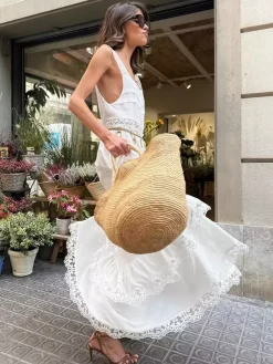 Robe longue bohème à volants pour femme - Robe d'été chic en dentelle blanche à encolure carrée - Vacances d'été à la plage 2026