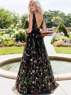 Robe longue brodée de fleurs pour femme - Robe en tulle noir à col en V - Soirée de bal de printemps 2026