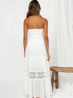 Robe longue bustier smockée pour femme - Robe tube bohème en dentelle crochetée à volants - Collection été 2026