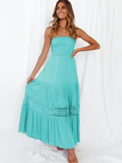 Robe longue bustier smockée pour femme - Robe tube bohème en dentelle crochetée à volants - Collection été 2026