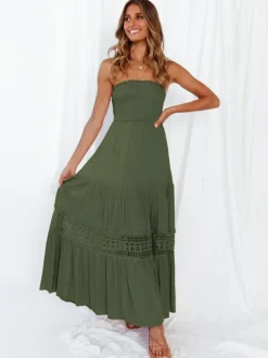 Robe longue bustier smockée pour femme - Robe tube bohème en dentelle crochetée à volants - Collection été 2026