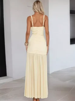 Robe longue crème à col V et manches à volants pour femme style élégant et formel