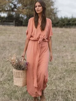 Robe longue à décolleté plongeant pour femme - Robe kimono bohème à manches courtes ceinture et fente latérale - Idéale pour les vacances d'été à la plage 2026