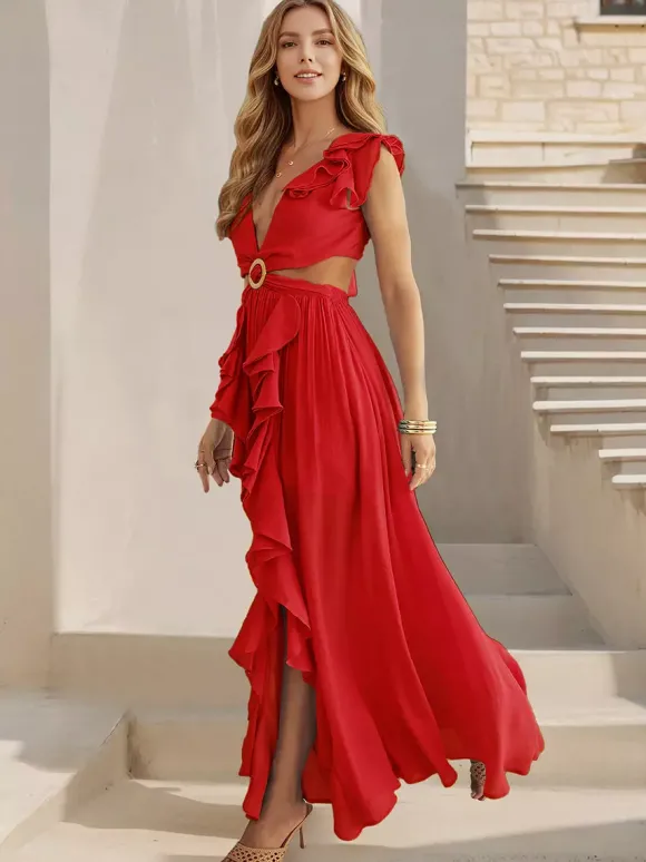 Robe longue à découpe taille haute pour femme - Robe fluide sans manches à volants décolleté en V profond et anneaux - Idéale pour les fêtes d'été sur la plage 2026