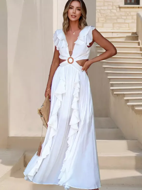 Robe longue à découpe taille haute pour femme - Robe fluide sans manches à volants décolleté en V profond et anneaux - Idéale pour les fêtes d'été sur la plage 2026