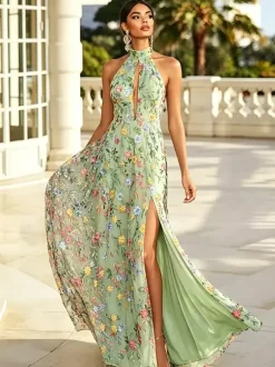 Robe longue de soirée à fleurs brodées en tulle robe maxi dos nu à décolleté en V et fente haute robe d'invitée de mariage