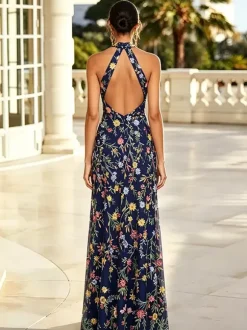 Robe longue de soirée à fleurs brodées en tulle robe maxi dos nu à décolleté en V et fente haute robe d'invitée de mariage