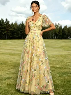 Robe longue de soirée lilas poudré en tulle brodé de fleurs col V manches courtes papillon coupe trapèze robe d'invitée de mariage