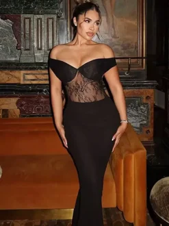 Robe longue de soirée noire à col V en dentelle sans manches élégante et semi-formelle idéale pour l'été.