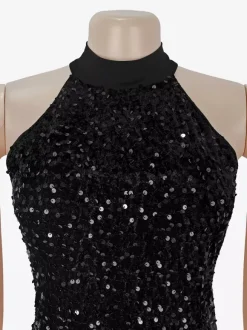 Robe longue de soirée à sequins col halter taille froncée et fente haute pour femme 2026