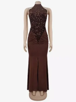 Robe longue de soirée à sequins col halter taille froncée et fente haute pour femme 2026