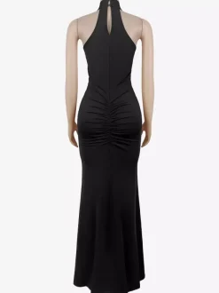 Robe longue de soirée à sequins col halter taille froncée et fente haute pour femme 2026