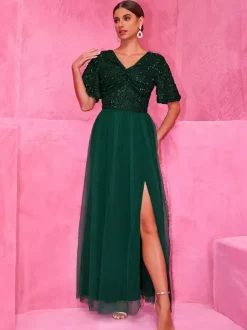 Robe longue de soirée vert foncé à paillettes et fente haute pour soirées 2026