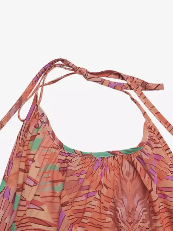 Robe longue de vacances bohème orange à imprimé tropical col halter robe de plage