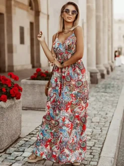 Robe longue de vacances maxi à col V sans manches imprimée style bohème