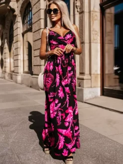 Robe longue de vacances maxi à col V sans manches imprimée style bohème