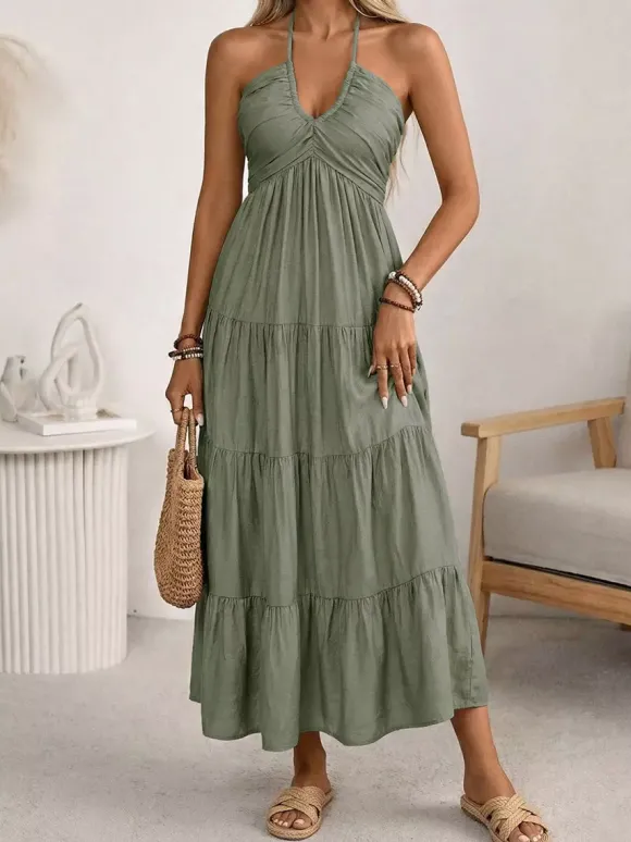 Robe longue de vacances vert tendre à lacets sans manches dos nu et col en V