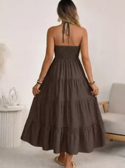 Robe longue de vacances vert tendre à lacets sans manches dos nu et col en V