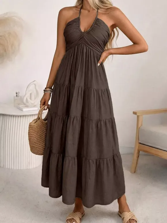 Robe longue de vacances vert tendre à lacets sans manches dos nu et col en V