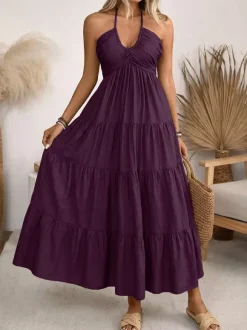 Robe longue de vacances vert tendre à lacets sans manches dos nu et col en V