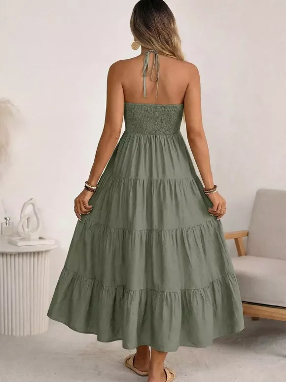 Robe longue de vacances vert tendre à lacets sans manches dos nu et col en V