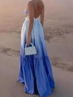 Robe longue dégradée à bretelles pour femme - Robe d'été bohème bleue à décolleté en V et découpes latérales - Idéale pour les vacances d'été à la plage 2026