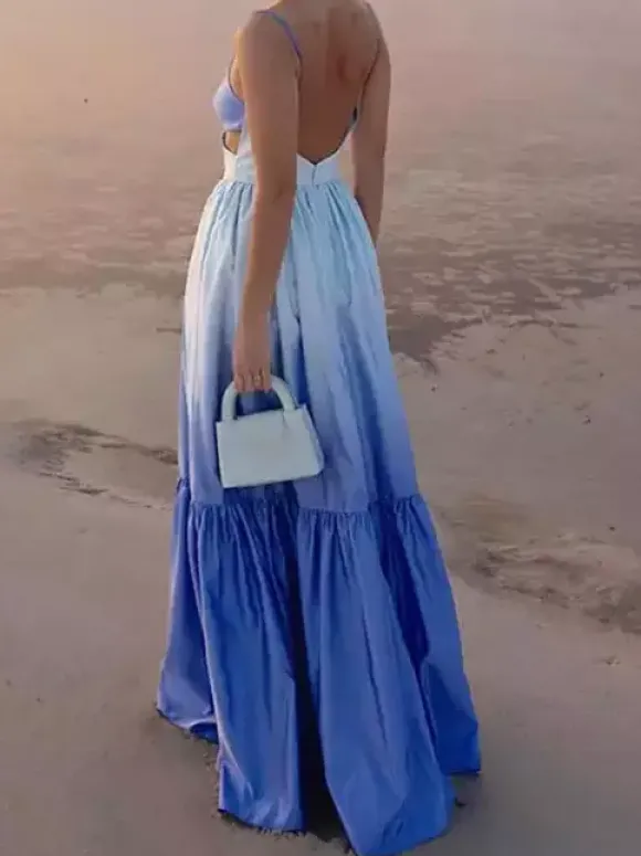 Robe longue dégradée à bretelles pour femme - Robe d'été bohème bleue à décolleté en V et découpes latérales - Idéale pour les vacances d'été à la plage 2026